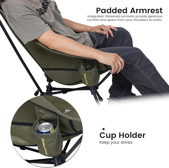 MellowCamp Folding High Back Camping Chair with Pillow, Portable Lightweight Chair Supports 374 lbs for Car Camping, RV, Tailgating, Beach, Fire Pit, Festival (Green)