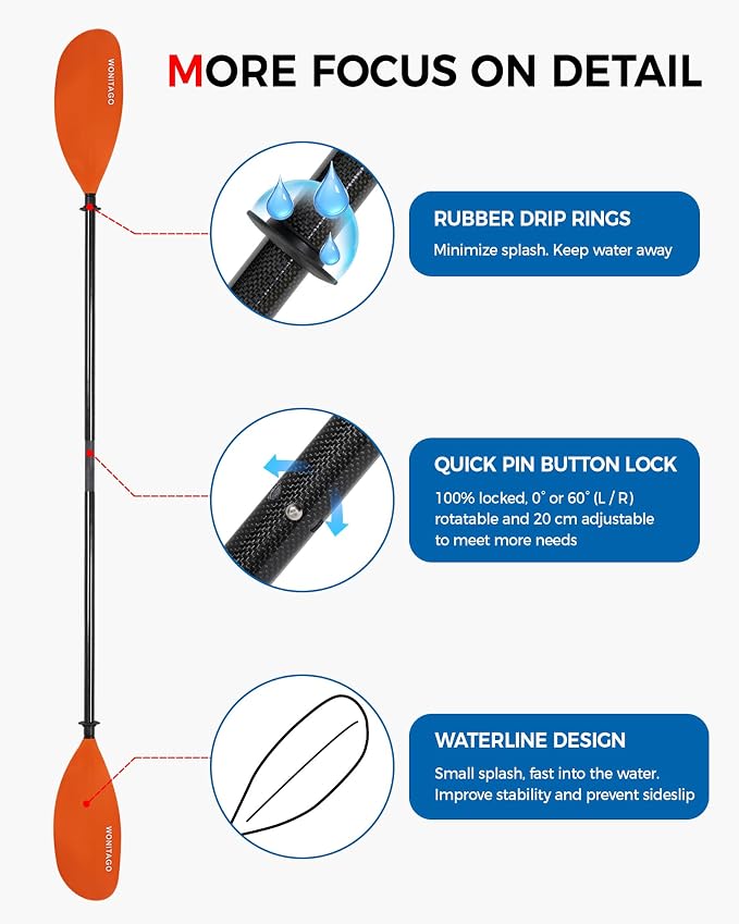 Kayak Paddle Carbon Fiber Shaft and Reinforced Nylon Blade, Adjustable Kayaking Oars, 3 Piece, 230-250 cm/90-98 Inches,210-230 cm/82-90 inches