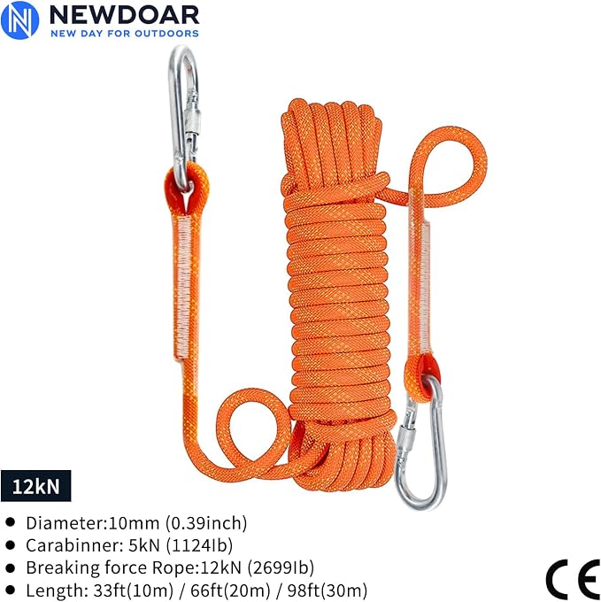 NewDoar Climbing Rope 8(5/16in),10mm (3/8in), High Strength Accessory Cord Rope with 2 Steel Hooks, for Outdoor Rescue Rappelling Rope Down Cliffs ledges Safety Escape Tow Strap Equipment(Orange)