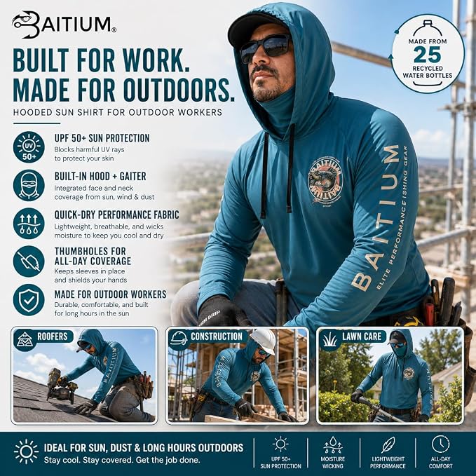 Fishing Shirts for Men,UPF50 Hooded Long Sleeve with Gaiter, Sun Protection Dry Fit Apparel, Face Mask, Fishing Clothes
