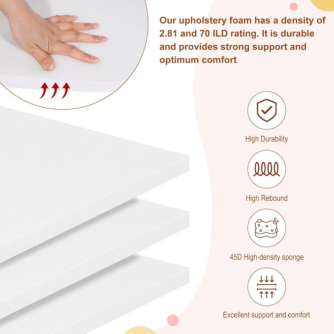 High Density Upholstery Foam 1" X 18" X 18", 3PCS Couch Cushion Replacement - 45D Density 70 ILD (Firm), Square Foam Padding for Chairs, Cut to Size Foam Replacement Cushion for Sofa Chair Bench