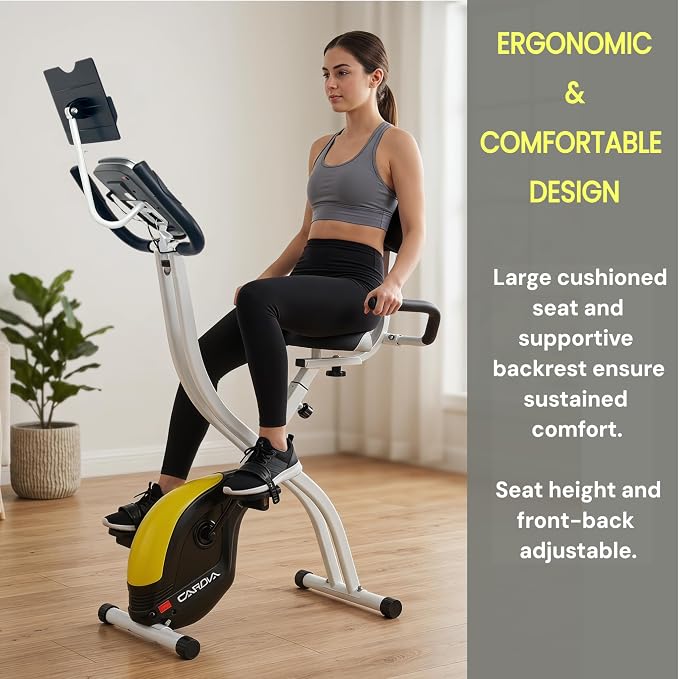 Folding Exercise Bike, Foldable Upright Stationary Bike, Indoor Cycling Magnetic X-Bike with 16-Level Electronic Resistance, Back Support Cushion for Home Gym