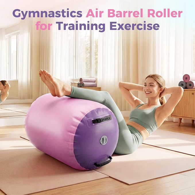 20in x 20in x 31in Inflatable Gymnastics Air Roller Barrel, Pink Air Roller Gymnastics Barrel for Yoga Training Cheerleading Home Use, Gymnastics Air Roller Air Barrel Inflatable Tumbling Mat