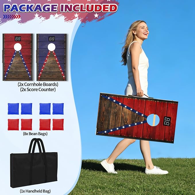 Electronic Cornhole Board Set 4x2ft 3x2ft 2x1ft, Automatic Scoring Corn Hole Games for Adults & Kids, Wooden Portable Cornhole Set with 8 Bean Bags & Carrying Bag for Outdoor, Tailgate, Party