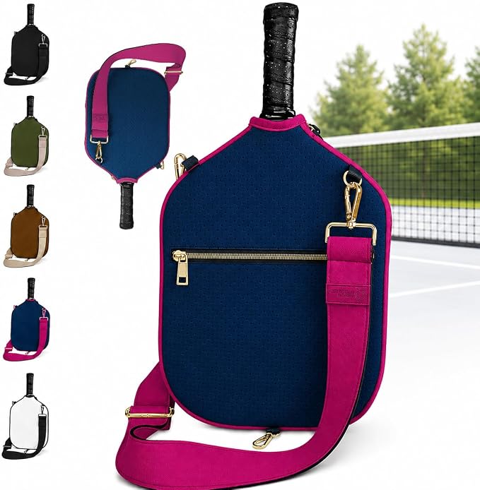 Posh Pickler Crossbody Neoprene Pickleball Bag - Paddle Cover with Adjustable Strap, Built-in Pocket for Essentials, Carabiner Fence Clip, Add-On Ready D-Rings, and Durable Design for Everyday Use