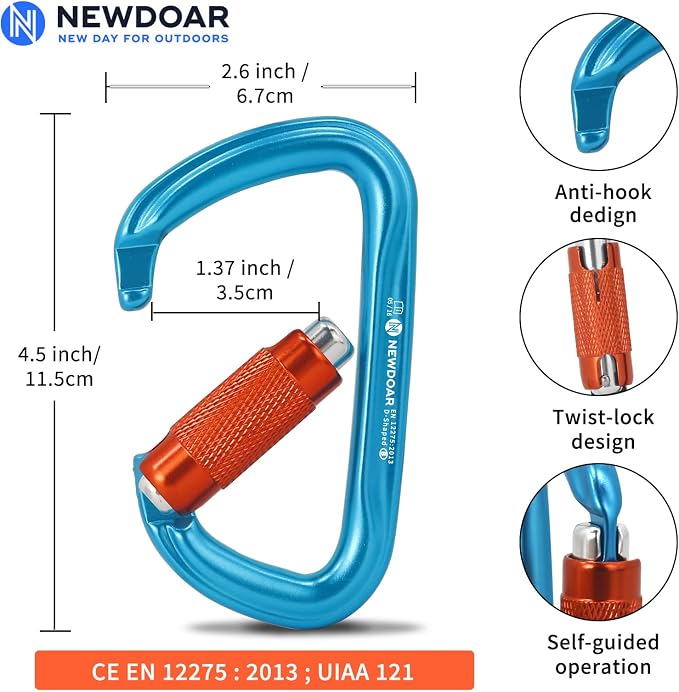 NewDoar 28KN UIAA & CE Certified Auto Climbing Carabiner Professional Heavy Duty Caribeaner for Rappelling D-Shaped