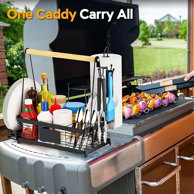 Grill Caddy with Plate Holder and Paper Towel Holder, Picnic BBQ Condiment Utensil Organizer Caddy for Outdoor Cooking, Camping Essential, Camper Must Haves, Grilling Gifts for Men
