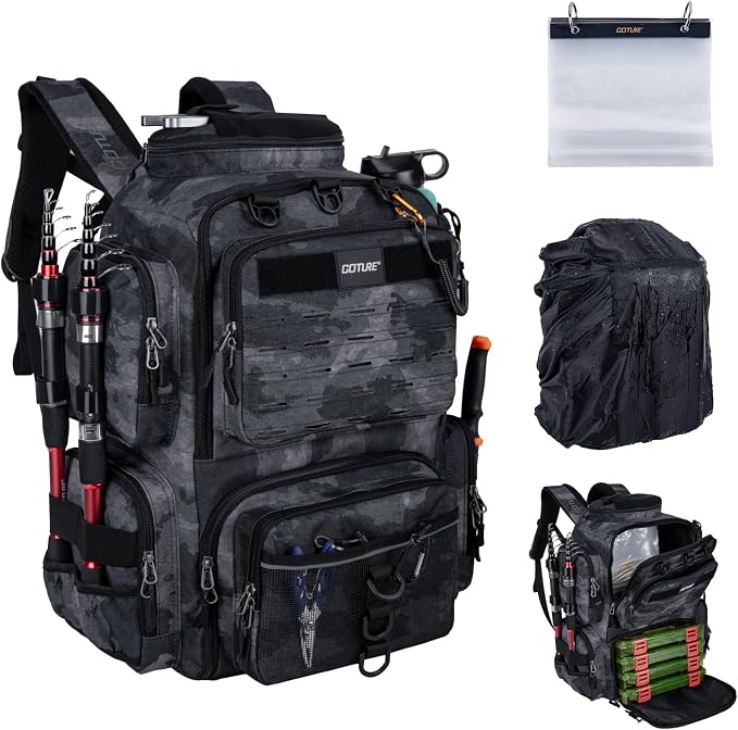Goture Fishing Backpack,900D Water-Resistant Tackle Backpack with Rod Holders, SBS Zippers,45L Large Fishing Bag Storage Gear Tackle Bag with Rain Cover, Bottle Holder for Travel Camping Hiking