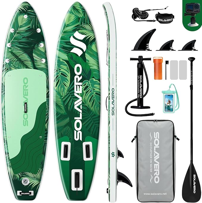 SOLAVERO Stand Up Paddle Board, 11‘ Inflatable SUP Supports 500LB - Wide Stable Board with Non-Slip EVA Deck for Adults & Youth of All Skill Levels