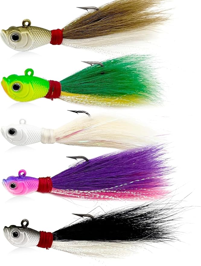 Natufish Bucktail Jigs 3/5Pcs Flash Hair Tail Lifelike Action Saltwater | Fishing Hair Jigs with Natural Deer Hair, 3D Eyes & Sharp Hook Design, Mimic Baitfish Movement 1/4oz-2oz Sizes