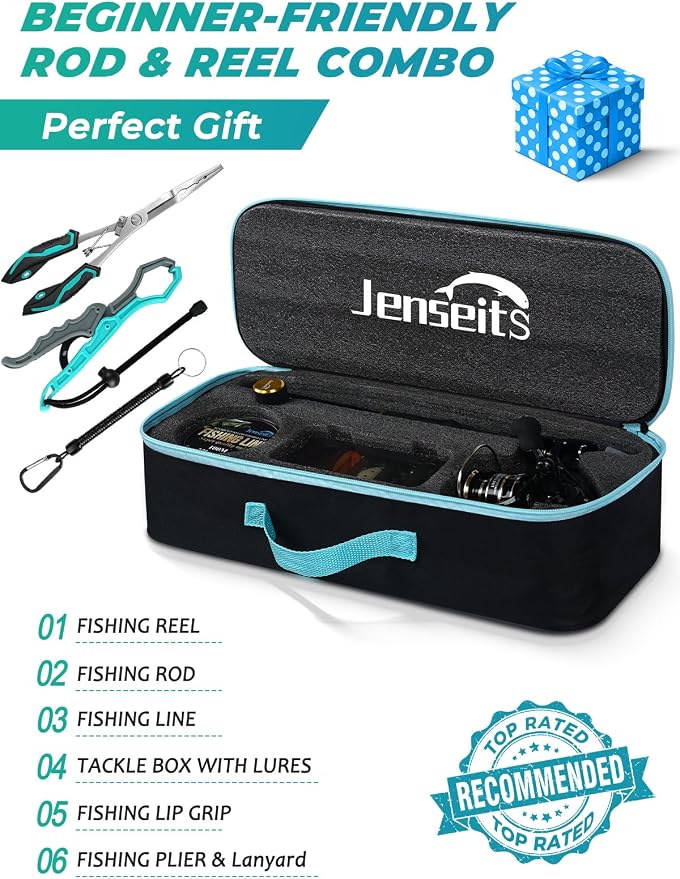 Jenseits 6Ft Spinning Fishing Rod Reel Combo, Freshwater Telescopic Kit | 5.2:1 Spinning Reel, Carbon Fiber Telescopic Rod, Includes Lures, Line & Carry Bag, Fish Gripper & Pliers for Beginner Angler