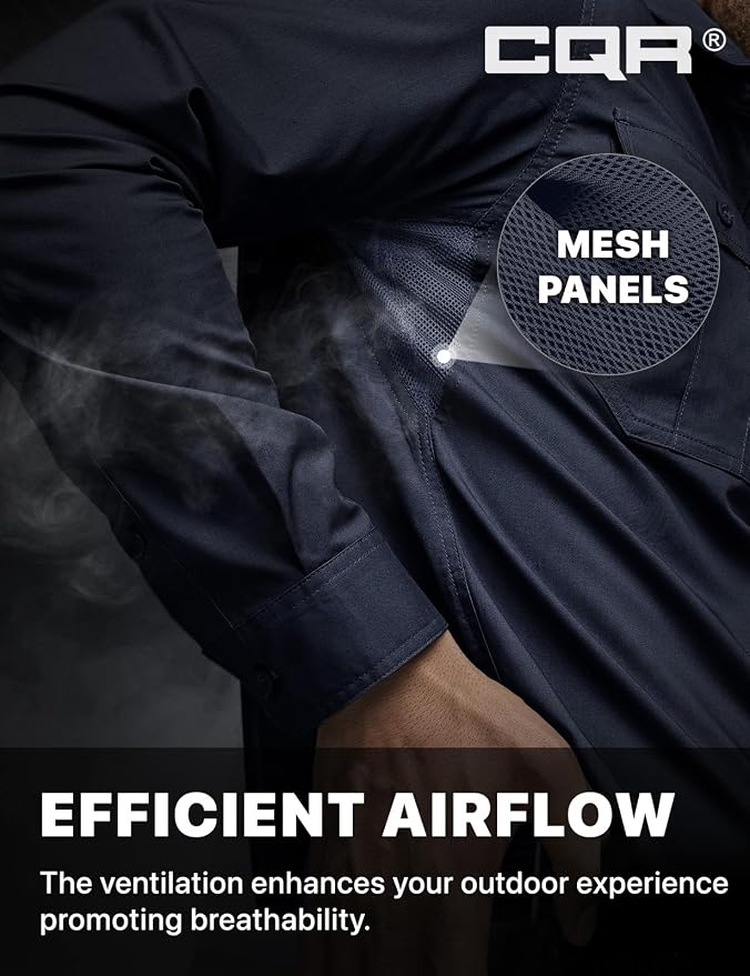 CQR Men's Long Sleeve Tactical Shirts, Ripstop Military Work Shirts, UPF 50+ Breathable Button Down Outdoor Hiking Shirt