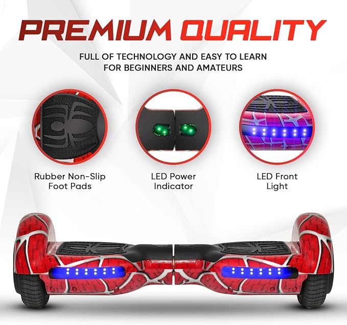 Spider-Pattern Hover Board for Kids Ages 6-12, with Bluetooth Speaker and LED Lights 6.5" Hover Board, UL2272 Safety Certified (Red)