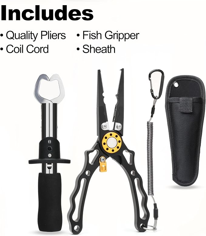7.5 Inch Fishing Pliers and Gripper, Cuts Braided and Fluorocarbon Lines, Hook Remover, Split Ring Multifunctional Fishing Pliers for Ocean Fishing, Fly Fishing, Ice Fishing Tool, Gift for Fishermen