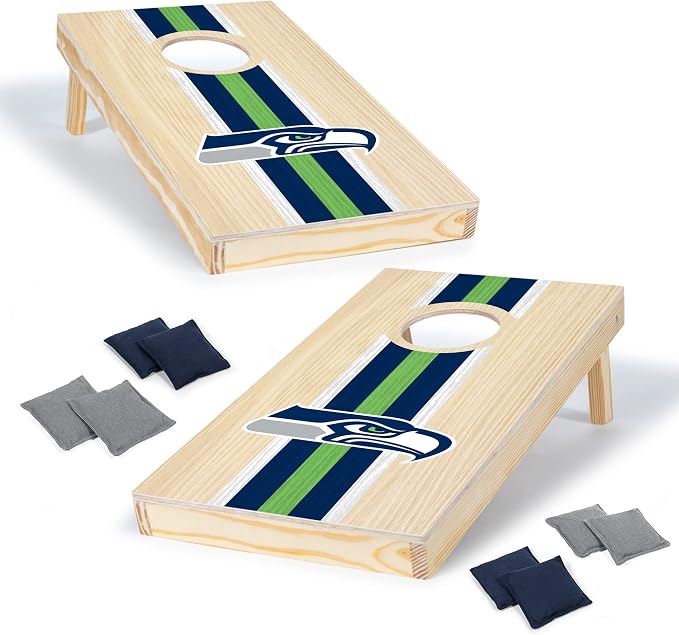 NFL Football Portable Size 1' x 2' Solid Wood Cornhole Set with Direct Print HD Team Graphics – Travel Size
