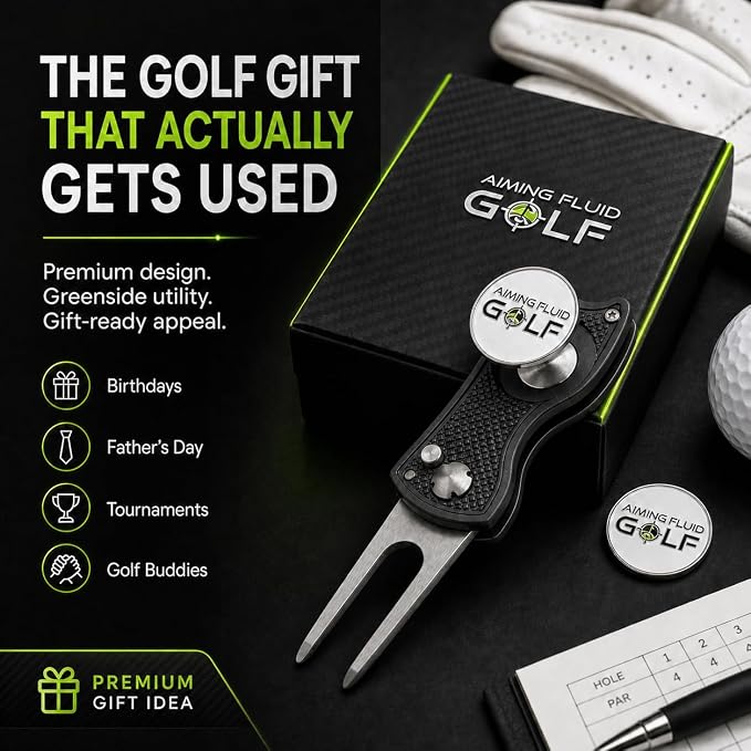 Golf Divot Repair Tool — 5-in-1 Golfing Ball Marker, Pitch Mark Repair, Putting Alignment, Club Tee, and Groove Cleaner, Accessory Metal Switchblade Design - Ideal Gift for Golfers
