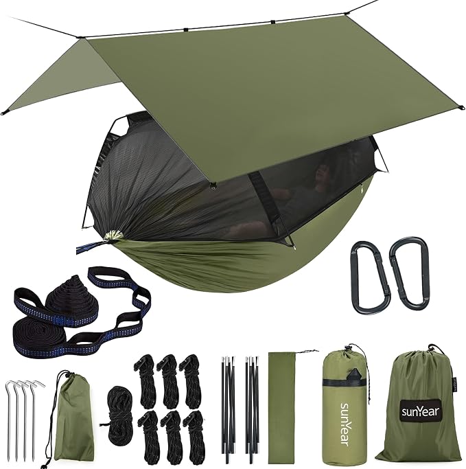 Sunyear Camping Hammock & Rain Fly Bundle - Double Trapezoid Hammock (118"x71", 500lbs) with 9.8x9.5ft Waterproof Tent Tarp Shelter