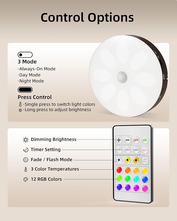 EZVALO Under Cabinet Lighting, 1000mAh Rechargeable Puck Lights with Remote, 3 Color Temps & 12 RGB Motion Sensor Closet Lights Indoor, Dimmable Under Counter Lights for Kitchen (Black, 6 Packs)