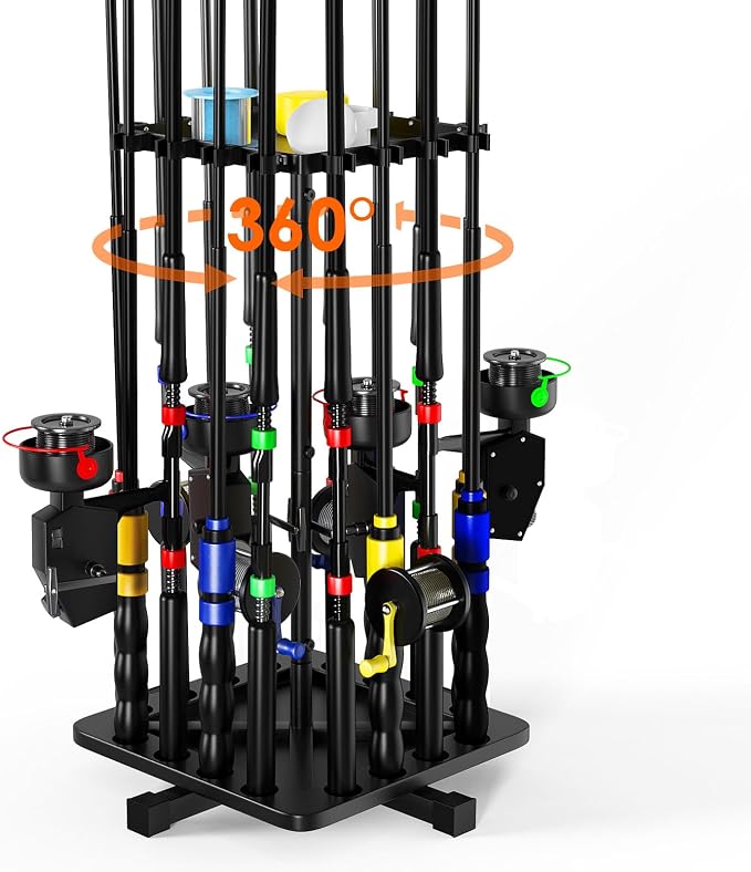 Roylvan Fishing Rod Holders for Garage, 360° Rotating Vertical Fishing Rod Rack, Metal Fishing Pole Stand Holds 16 Rods, Fishing Gear Equipment Storage Organizer for Ground, Fishing Gifts for Men