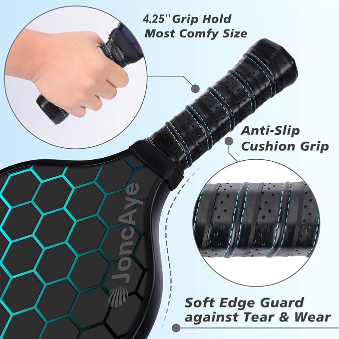 JoncAye Pickleball Paddles Set of 4 or 2, USAPA Approved Fiberglass Rackets with Outdoor Indoor Balls, Bag, Overgrip, Lightweight for Family, Professional Equipment for Beginners Intermediate