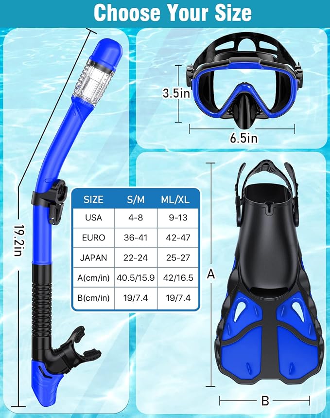Snorkel Set with Fins for Adults, Snorkeling Gear for Adults Men and Women, Snorkle, Mask Set Adults Dry Top Snorkel Mask Combo Set with Travel Bag for Snorkeling, Diving, Swimming