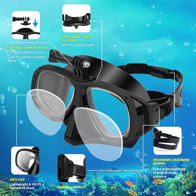 Nearsighted Snorkeling Gear for Adults Youth, Professional Shortsighted Full Dry Top Silicone Snorkel Set, Anti-Fog Diving Mask with Detachable Camera Mount for Scuba Diving, Spearfishing, Freediving