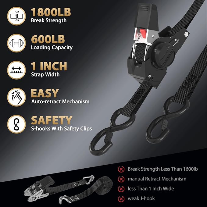 Retractable Ratchet Straps (4-Pack) - 1 Inch x 10 Ft (1800 LB Break Strength) Heavy Duty Polyester with Soft Loops & Storage Bag for Household, Motorcycle, Truck, ATV (Black)