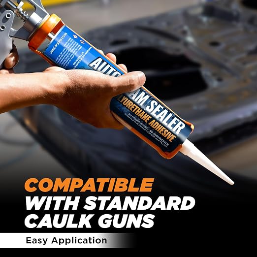 [2 Pack] Professional Automotive Seam Sealer, Paintable Quick-Set Polyurethane Auto Body Seam Sealer for Metal Surfaces of Cars, Trucks, Etc, Includes Gloves & Tip - White RV Roof Sealant