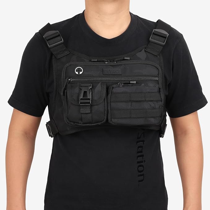 DEYACE Chest Bag For Men, Tactical Inspired Sports Utility Chest Pack, EDC Pouch Bag With Built-In Phone Holder for Workouts, Running, Cycling, Black