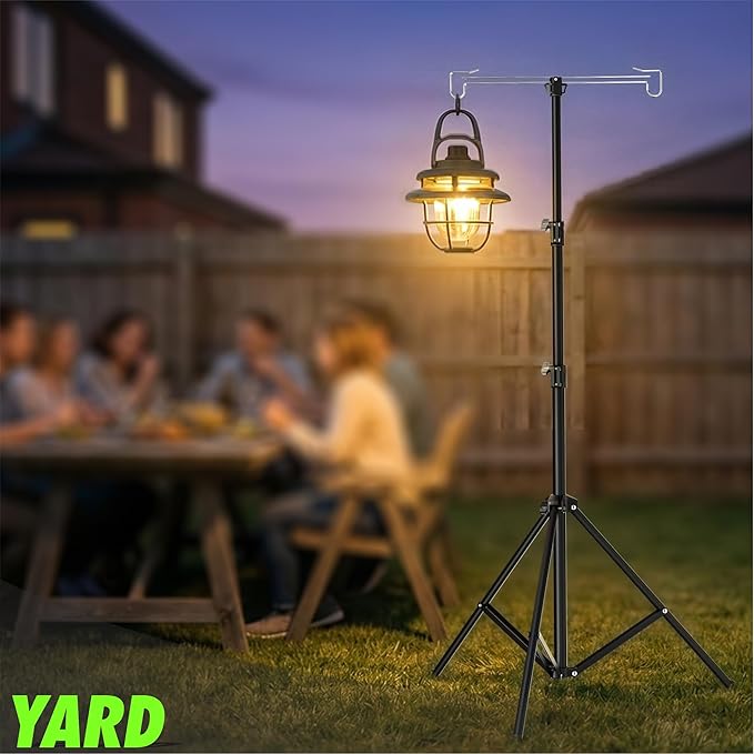 Telescopic Height Adjustable Camping Lantern Tripod Stand - 2-Hook Lantern Hanger for Outdoor Camping/RV/Tent