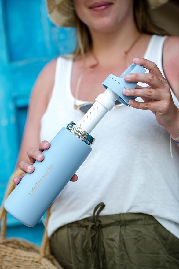 LifeStraw Go Series — Insulated Stainless Steel Water Filter Bottle, 18oz, Icelandic Blue, Removes Bacteria, Parasites, Microplastics, Improves Taste