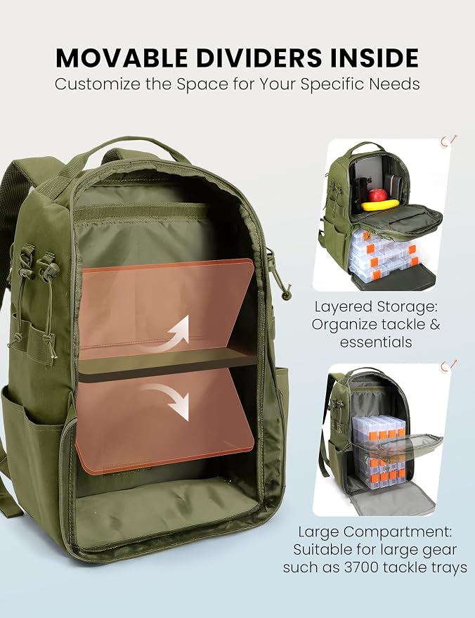 SKYSPER Tackle Backpack Fishing Bags with Rod Holder, 40L Water-Resistant Tackle Box Storage Bag for Fishing Gear Lures(Armygreen)