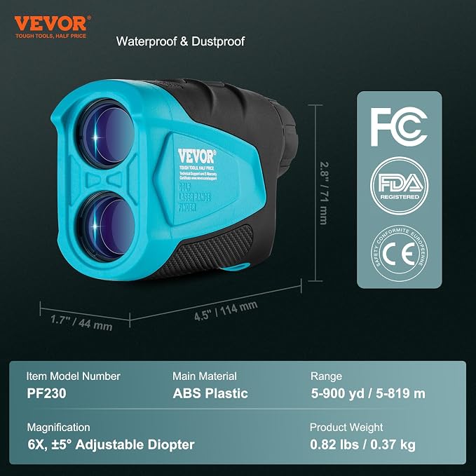 VEVOR Golf Rangefinder, Laser Golfing Hunting Range Finder, 6X Magnification Distance Measuring, Golfing Accessory with High-Precision Flag Lock, Slope Switch, Continuous Scan, and Batteries