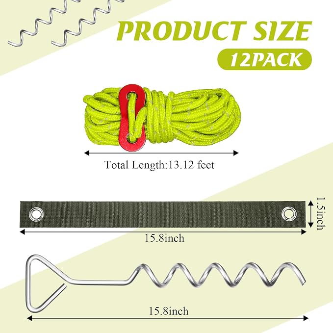 Sintuff 12 Set Tree Stakes and Supports Kit for Anti Hurricane Leaning Trees Straightening Heavy Duty 15. 75" Spiral Tree Stake with 13. 12 ft Ropes and 15. 75'' Support Straps (Bright Green)