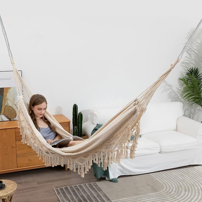 Double Boho Macrame Hammock with Elegant Tassels for Patio, Yard, Beach Wedding Decor, Outdoor and Indoor Up to 450lbs Include Tie Ropes and Drawstring Bag