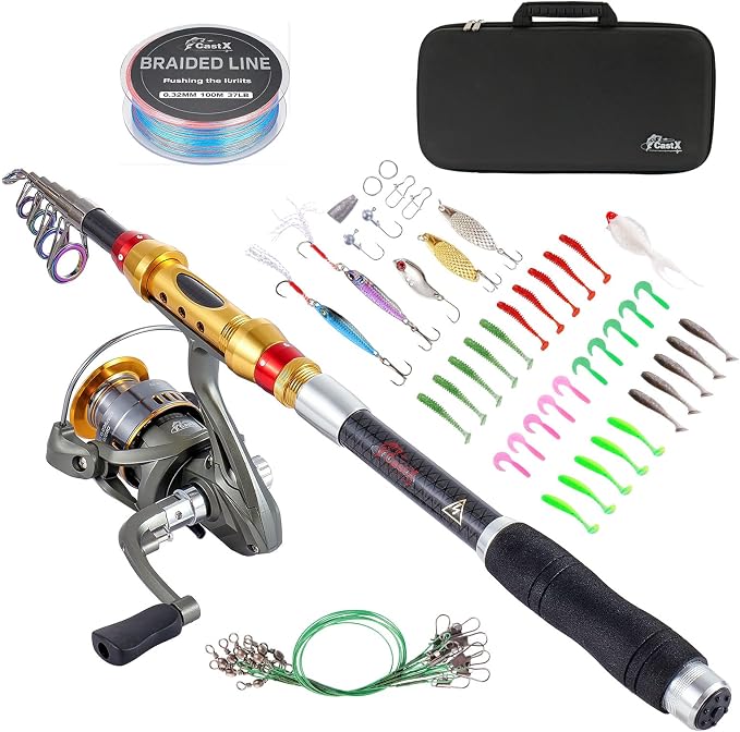 CastX Professional Telescopic Fishing Rod and Reel Combo, Carbon Fiber with EVA Grip, Spinning Reel, Carrying Case, Saltwater Freshwater Fishing Kit with Tackle