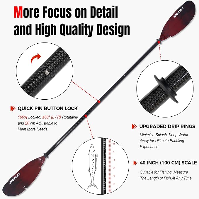 Angler Kayak Paddle Carbon Fiber Shaft and Plastic Blade, Floating Adjustable Fihsing Kayak Oar with Paddle Leash, 230-250cm/90-98 inch