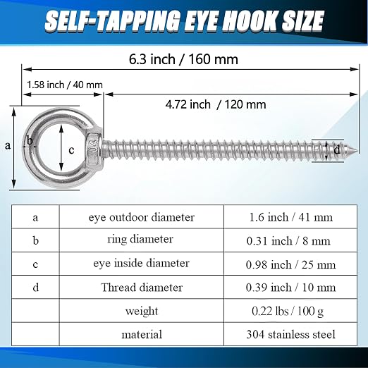 OHIYO 6.3 Inch Heavy Duty Eye Hooks M10 Self Tapping Eyelet Screw Load Capacity 850LBS Heavy Duty Screw in Eye Hooks for Hammock Stand, Swing Chair, Yoga, Heavy Indoor & Outdoor Uses (4Pack- M10)