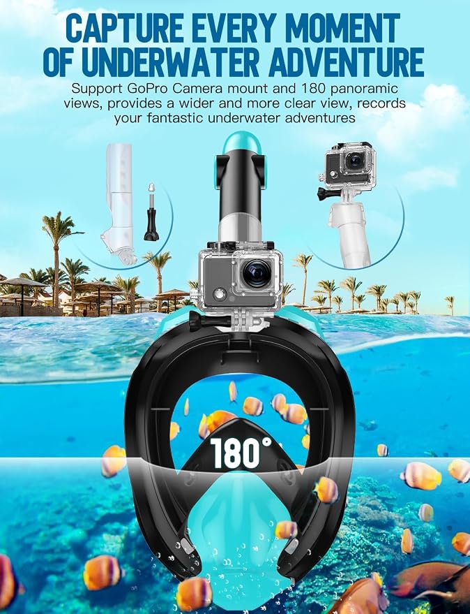 Full Face Snorkel Mask for Adults, 180° Panoramic Anti-Fog Snorkeling Gear with Dry Top System & Camera Mount, Foldable Anti-Leak Design for Travel, Swimming & Ocean Snorkeling