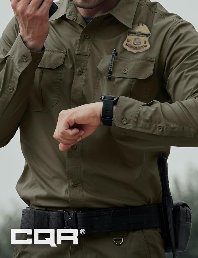 CQR Men's Long Sleeve Tactical Shirts, Ripstop Military Work Shirts, UPF 50+ Breathable Button Down Outdoor Hiking Shirt