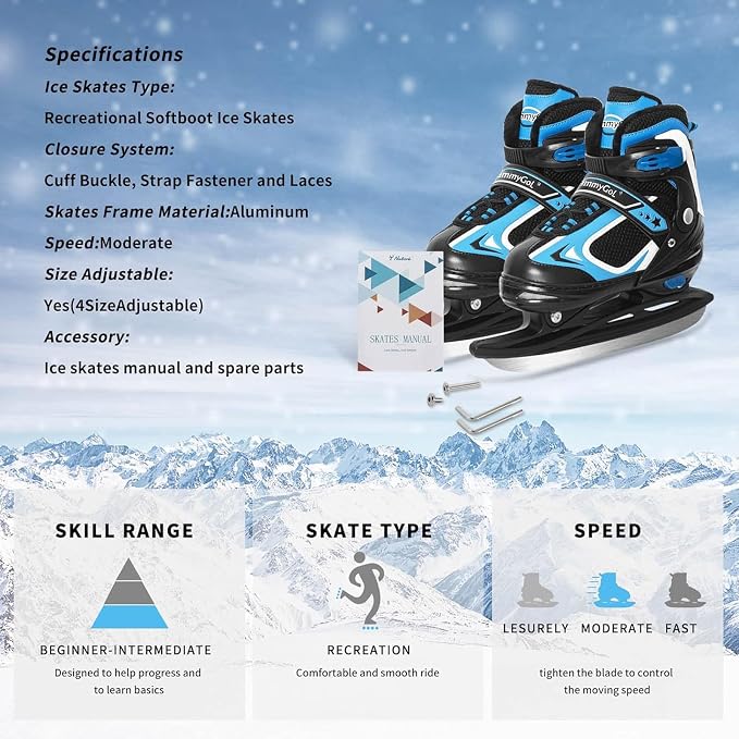 MammyGol Adjustable Ice Skates for Kids Youth Tean Hockey Lace-Up Boys or Girls Ice Skate for Beginner Age 4-12 Blue Black Teal Green