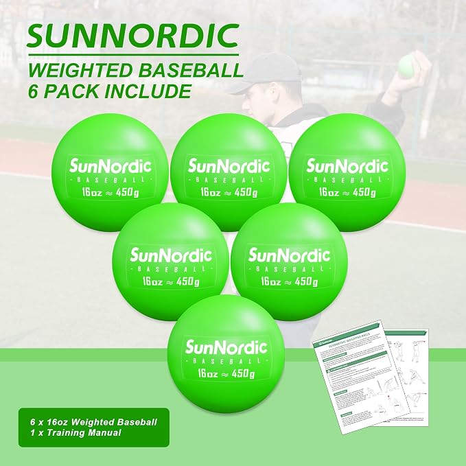 SunNordic 6 Pack Weighted Baseballs Set (16 oz) - Weighted Baseballs for Hitting Training & Improved Power - Pitching Training Baseball for All Skill Levels