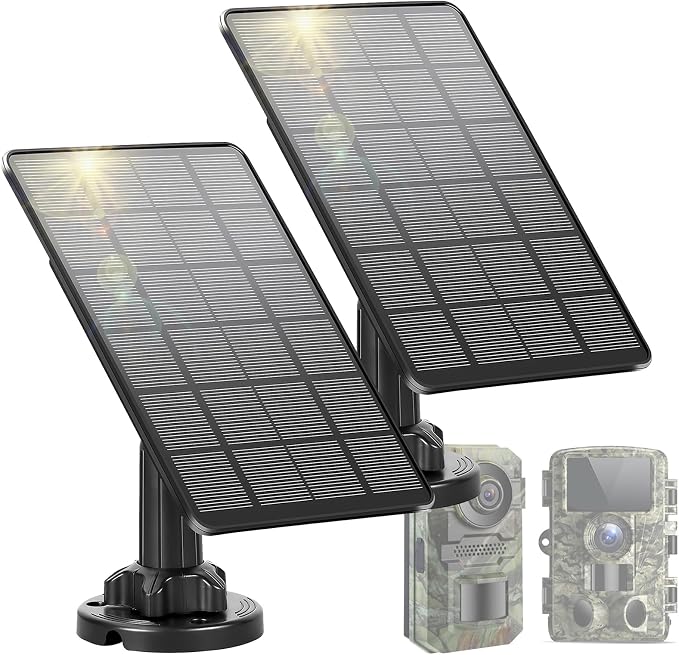 LIYVZ Trail Camera Solar Panel with Bulit-in 5000mAh Battery 2 Pack, 3W Solar Panel for Trail Camera IP66 Waterproof Multi Interfaces with USB-C & DC 6V/9V/12V Output, 360° Adjustable
