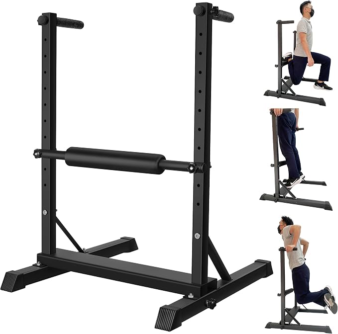 3-in-1 Dip Station, Bulgarian Split Squat & Calf Raise Stand with Heavy Duty Steel Frame | Home Gym Full Body Training Equipment