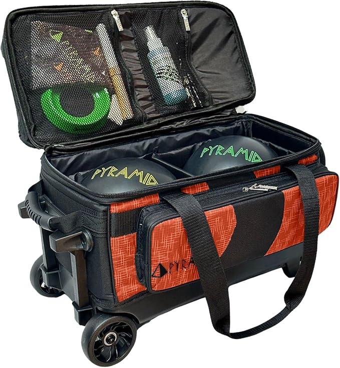 Pyramid Deluxe Double Roller 2 Ball Bowling Bag with Large Separate Shoe Compartment (Up To 2 Pairs Of Shoes) and Accessory Pockets, Sturdy Square Handle - Extends to 40" - Pro Options Available