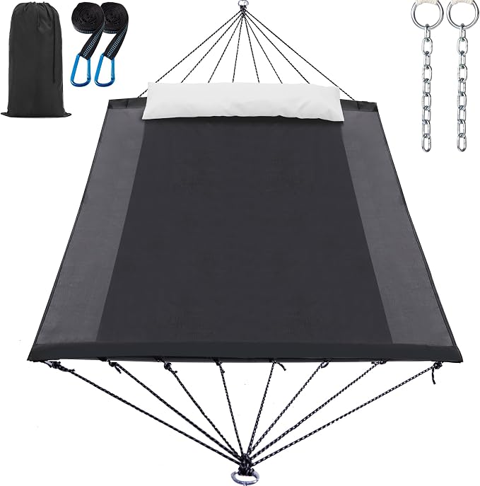 GAFETE 14ft 2 Person Hammock for Outside, Quick Dry Textilene, Portable Hammocks Without Stand with Folding Steel Spreader Bar, Carrying Bag, Tree Straps, Pillow & Sidebag, 550 lbs Capacity (Gray)