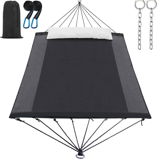 GAFETE 14ft 2 Person Hammock for Outside, Quick Dry Textilene, Portable Hammocks Without Stand with Folding Steel Spreader Bar, Carrying Bag, Tree Straps, Pillow & Sidebag, 550 lbs Capacity (Gray)