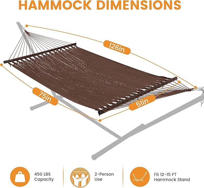 Lazy Daze Hammocks 10.5 FT Double 2 Person Caribbean Rope Hammock, Hand Woven Polyester Hammock with Spreader Bars for Outdoor Backyard Patio Poolside, 450 LBS Capacity, Brown