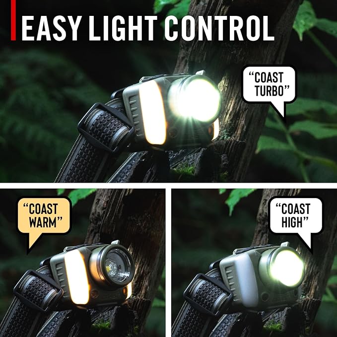 Coast FL97R Voice-Controlled 1200 Lumen Rechargeable LED Headlamp with Pure Beam Spot & Flood, ARC Lighting, Red & Green Color Modes, Glide Focus Radial Arm Dial and USB-C Charge Port, Grey