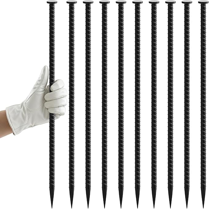 16 Inch Rebar Stakes 16 Pack – 1/2 Inch Dia Galvanized Steel Ground Anchors | Metal Spikes with Chisel Point & Black Powder Coating, Heavy Duty Anchoring Spikes for Speed Bump, Landscape Timbers and Tent